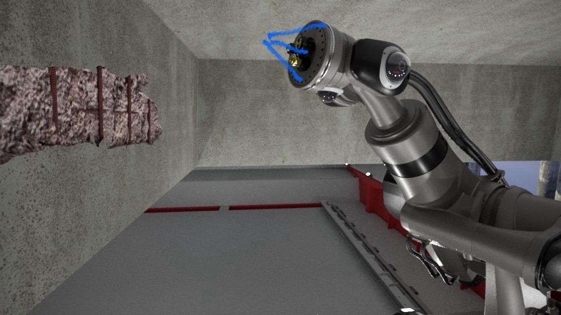 RoboGo robotic arm performing concrete rehabilitation beneath a terminal